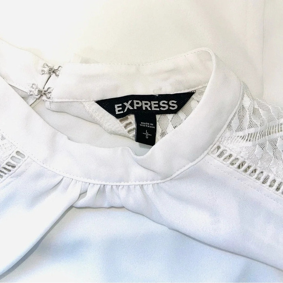 Express White High Neck Sheer Lattice Flutter Sleeve Blouse Large Women’s - Picture 9 of 11